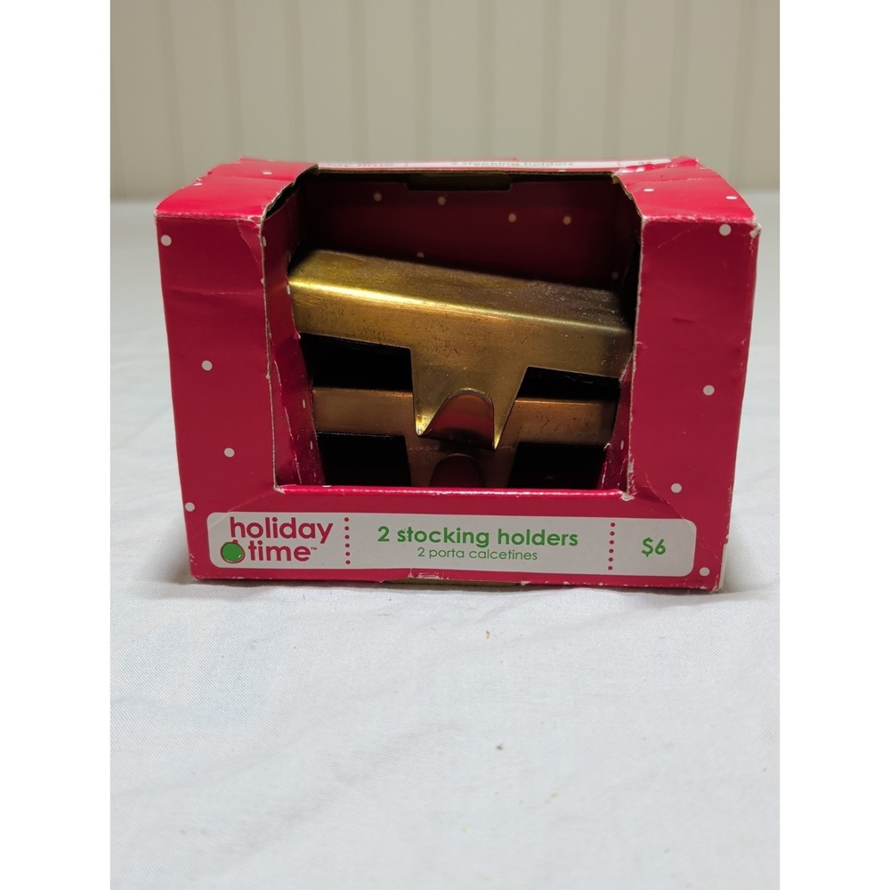 Holiday Time Brass Low Profile Stocking Holders 2 Pack Gold Weighted Mantel NIB